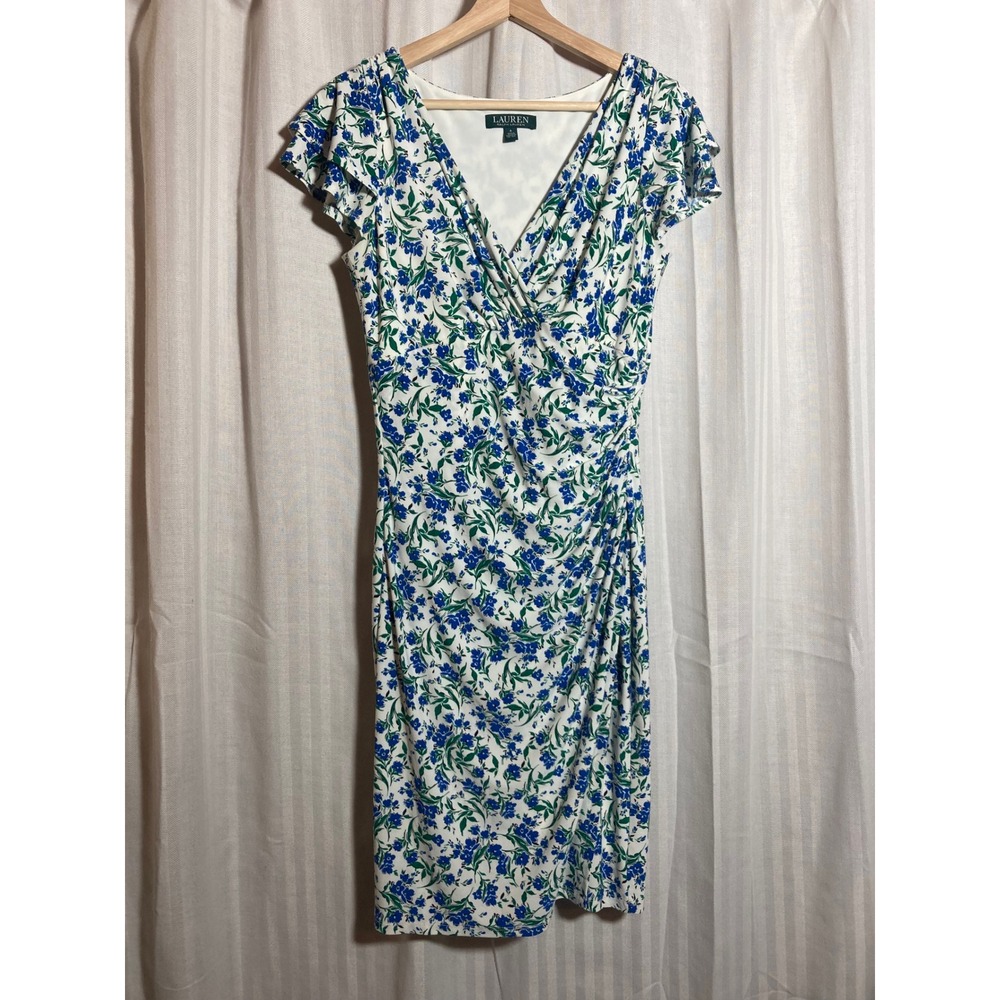 Lauren Ralph Lauren Floral Ruched V-Neck‎ Sheath Dress Blue Green White 4 Garden